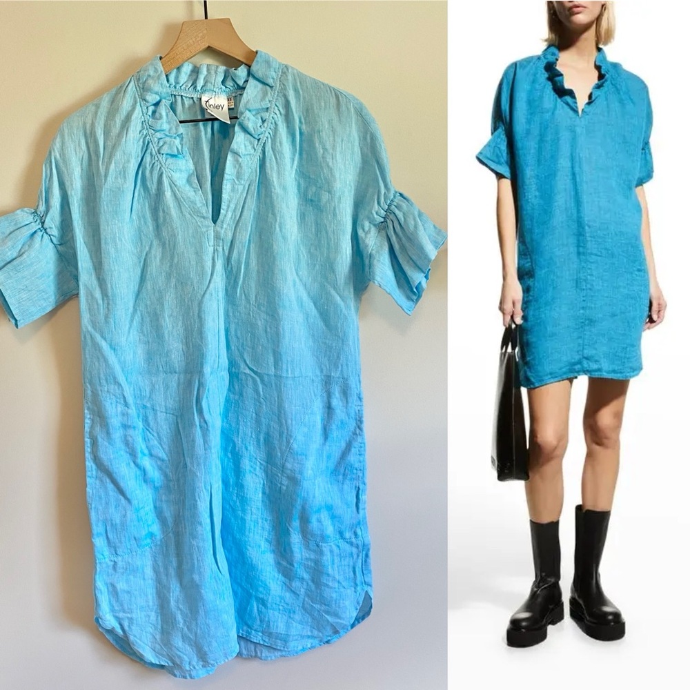 Finley 100% Linen Crosby Dress in Turquoise